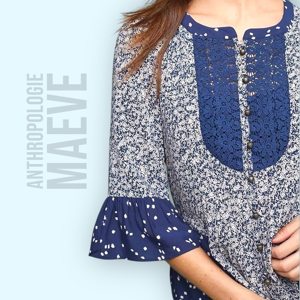 Anthropologie Maeve Blouse Womens Size 6 Navy Blue Pattern Hiver Peasant Top NWT